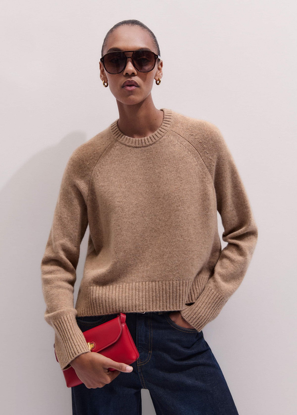ME+EM Clothing Brown Cashmere Curved Hem Raglan Sweater + Snood