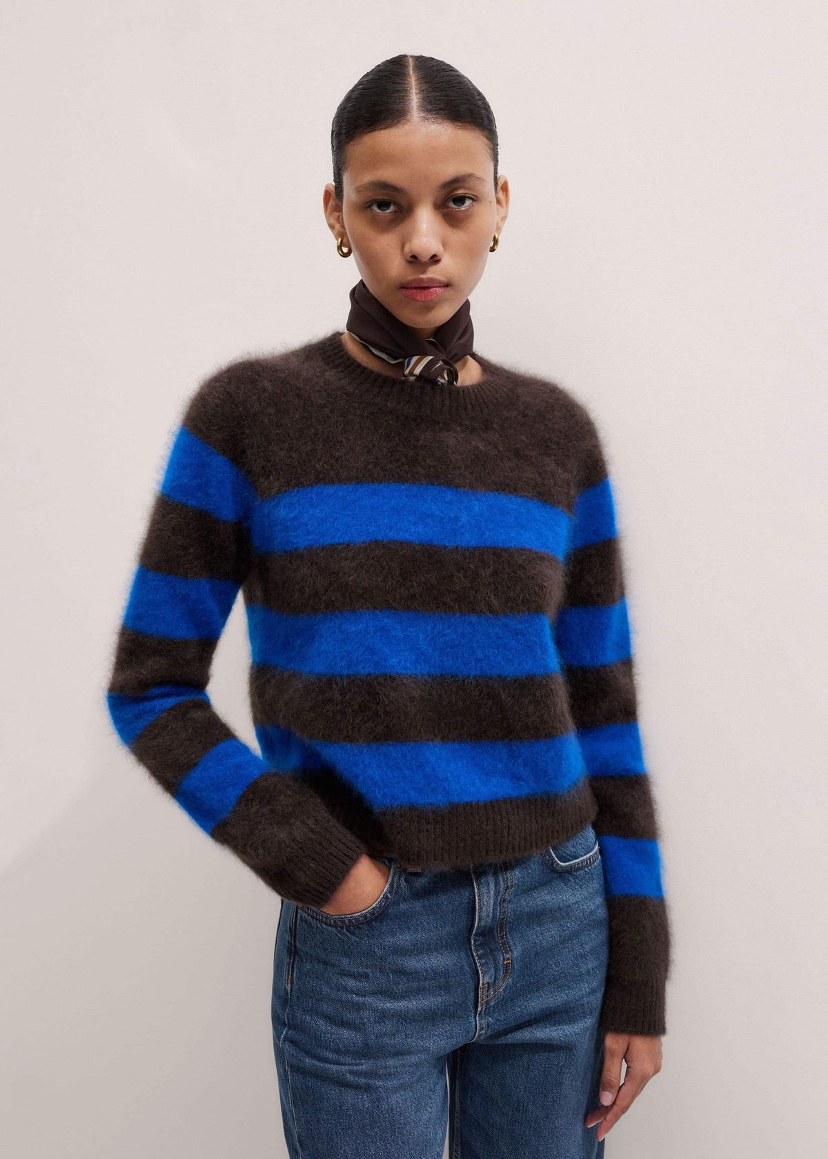 ME+EM Clothing Brown Brushed Cashmere Stripe Crop Jumper