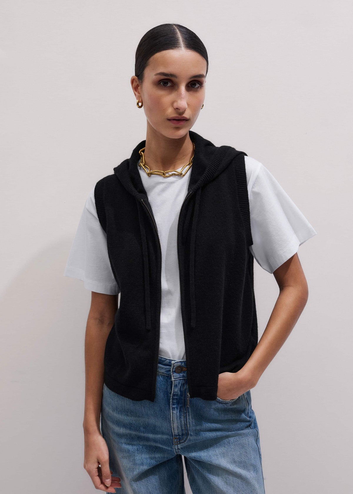 ME+EM Clothing Black Cashmere Sleeveless Relaxed Zip Hoodie