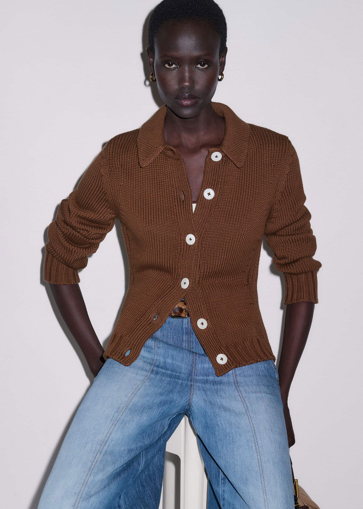 ME+EM Clothing Brown Slim Collared Cardigan