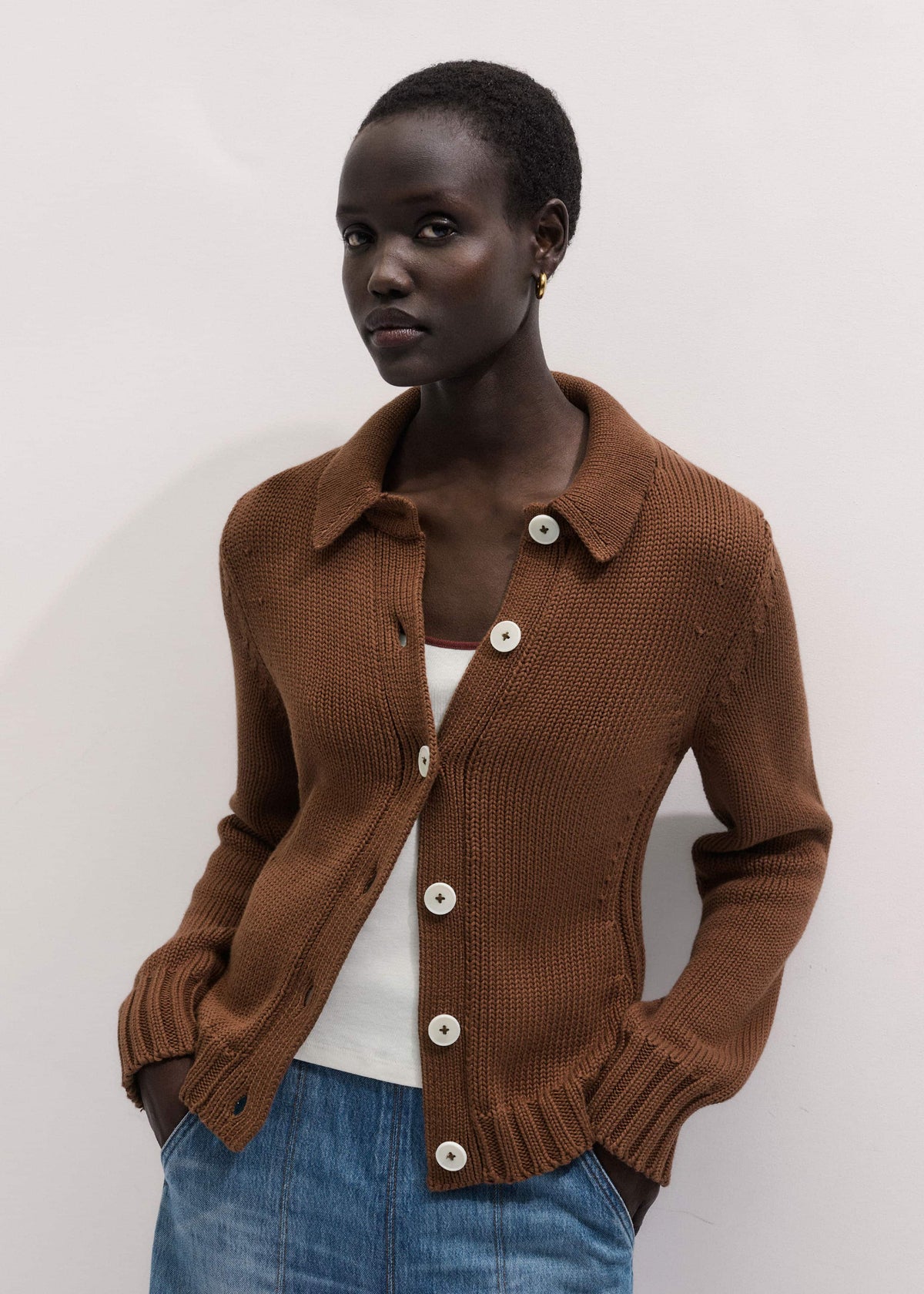 ME+EM Clothing Brown Slim Collared Cardigan