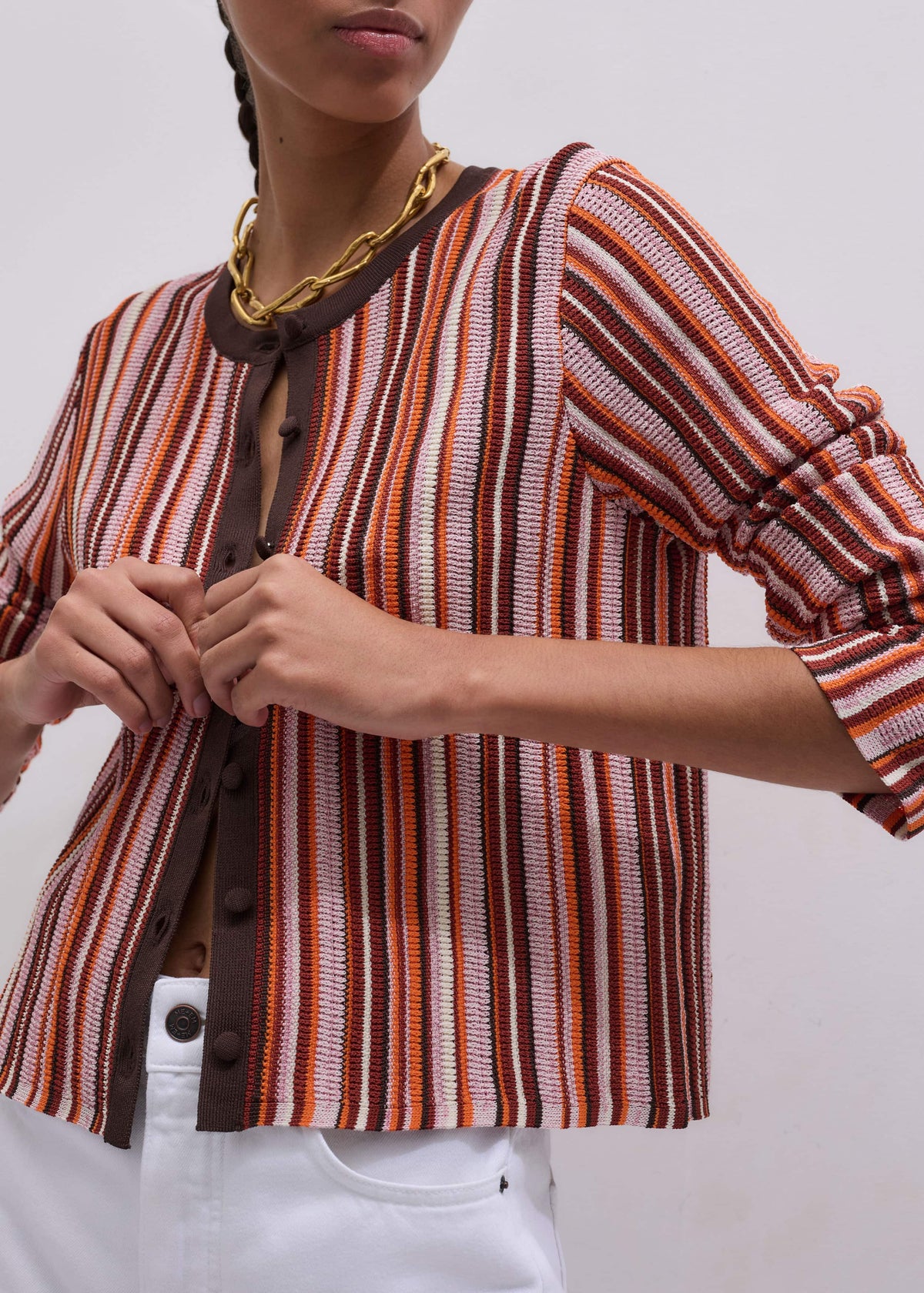 ME+EM Clothing Cinnamon Brown Metallic Stripe Cardigan