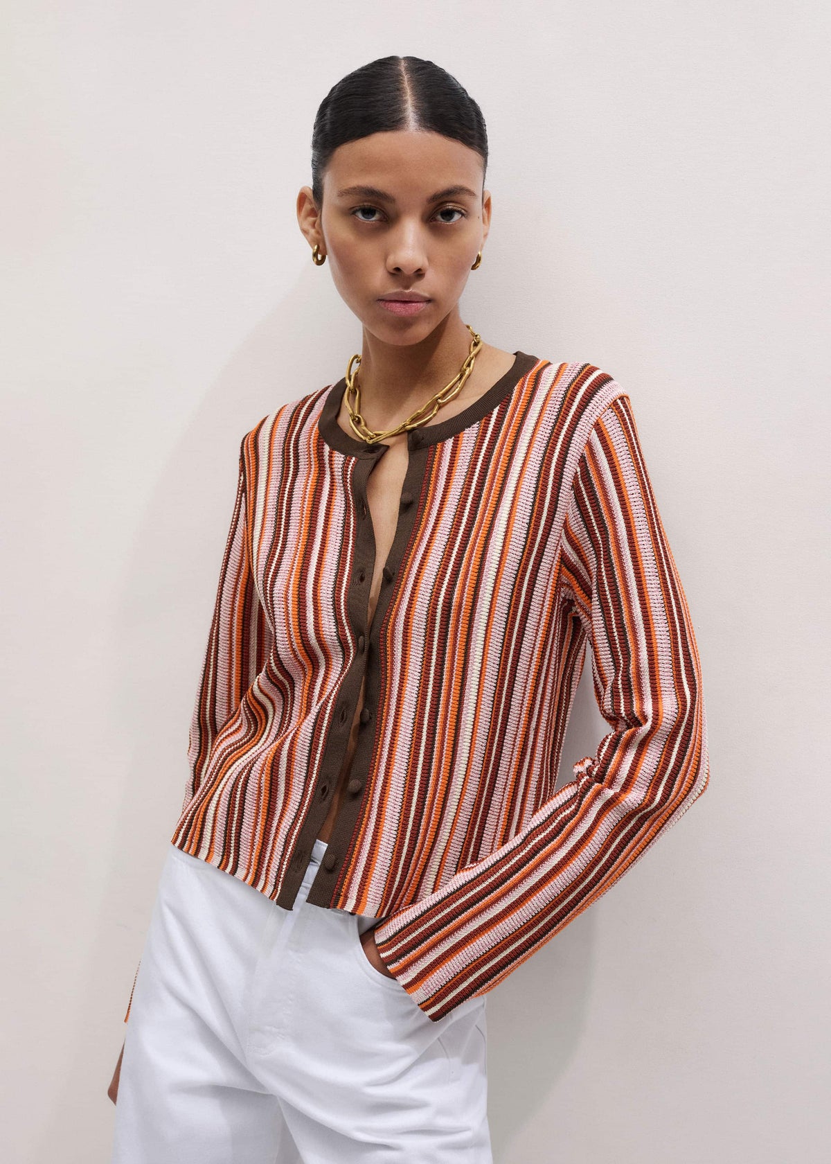 ME+EM Clothing Cinnamon Brown Metallic Stripe Cardigan