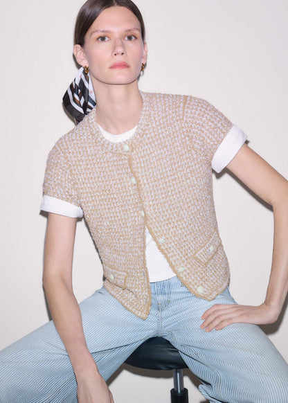 ME+EM Clothing Cream Tweed Knit Pouf Shoulder Textured Crop Jacket