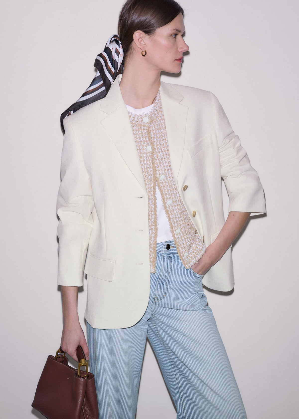 ME+EM Clothing Cream Tweed Knit Pouf Shoulder Textured Crop Jacket