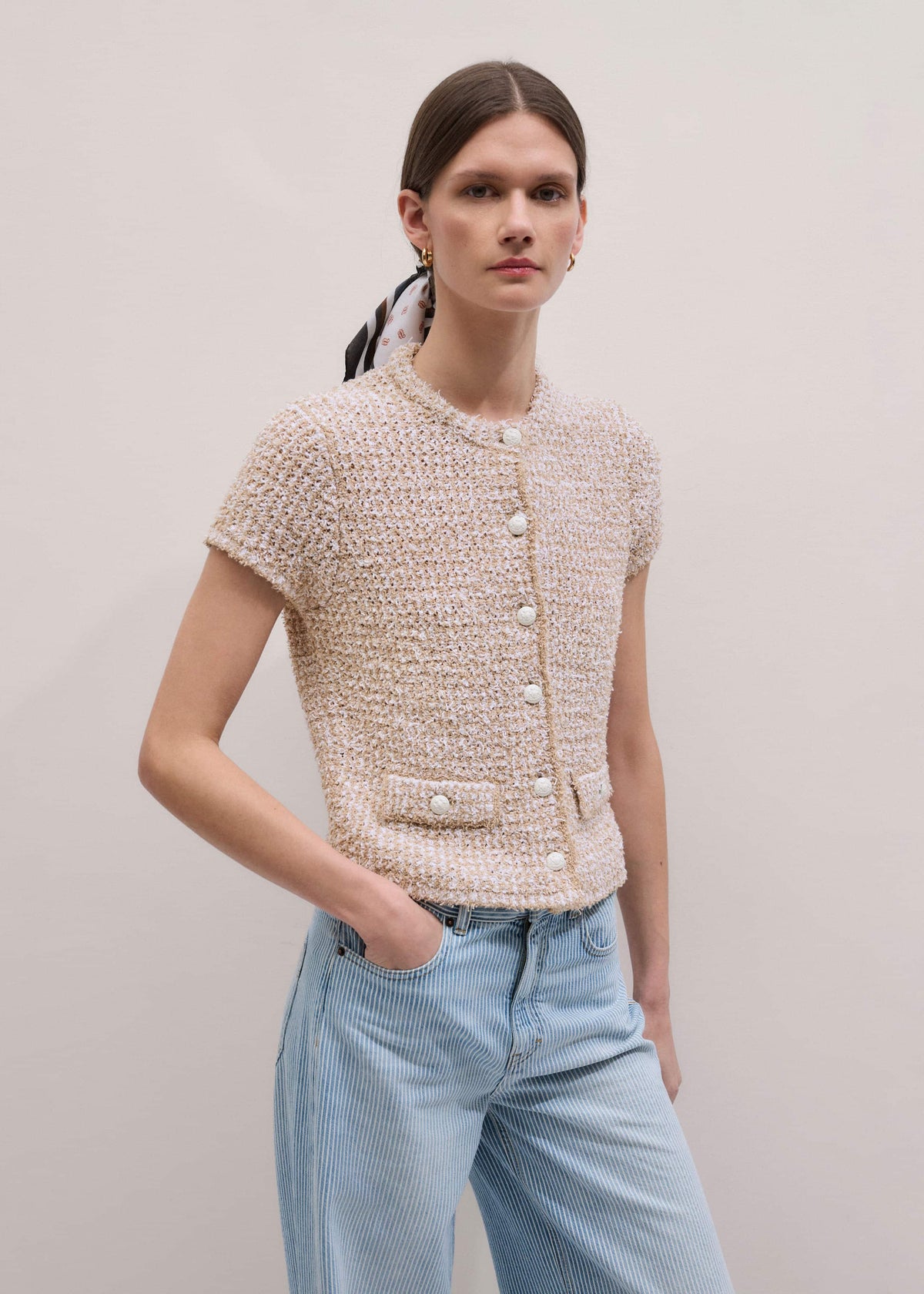 ME+EM Clothing Cream Tweed Knit Pouf Shoulder Textured Crop Jacket