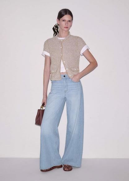 ME+EM Clothing Cream Tweed Knit Pouf Shoulder Textured Crop Jacket