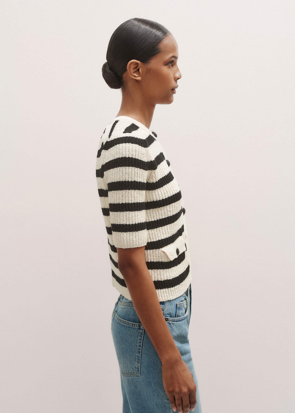 ME+EM Clothing Cream Bouclé Stripe Short Sleeve Cardigan