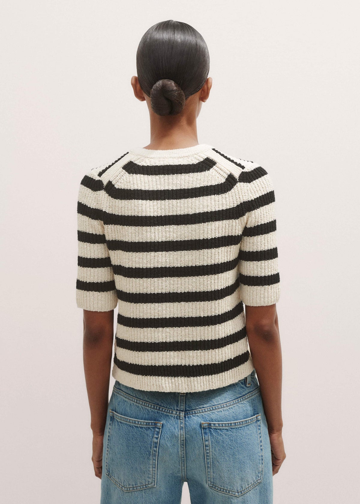 ME+EM Clothing Cream Bouclé Stripe Short Sleeve Cardigan