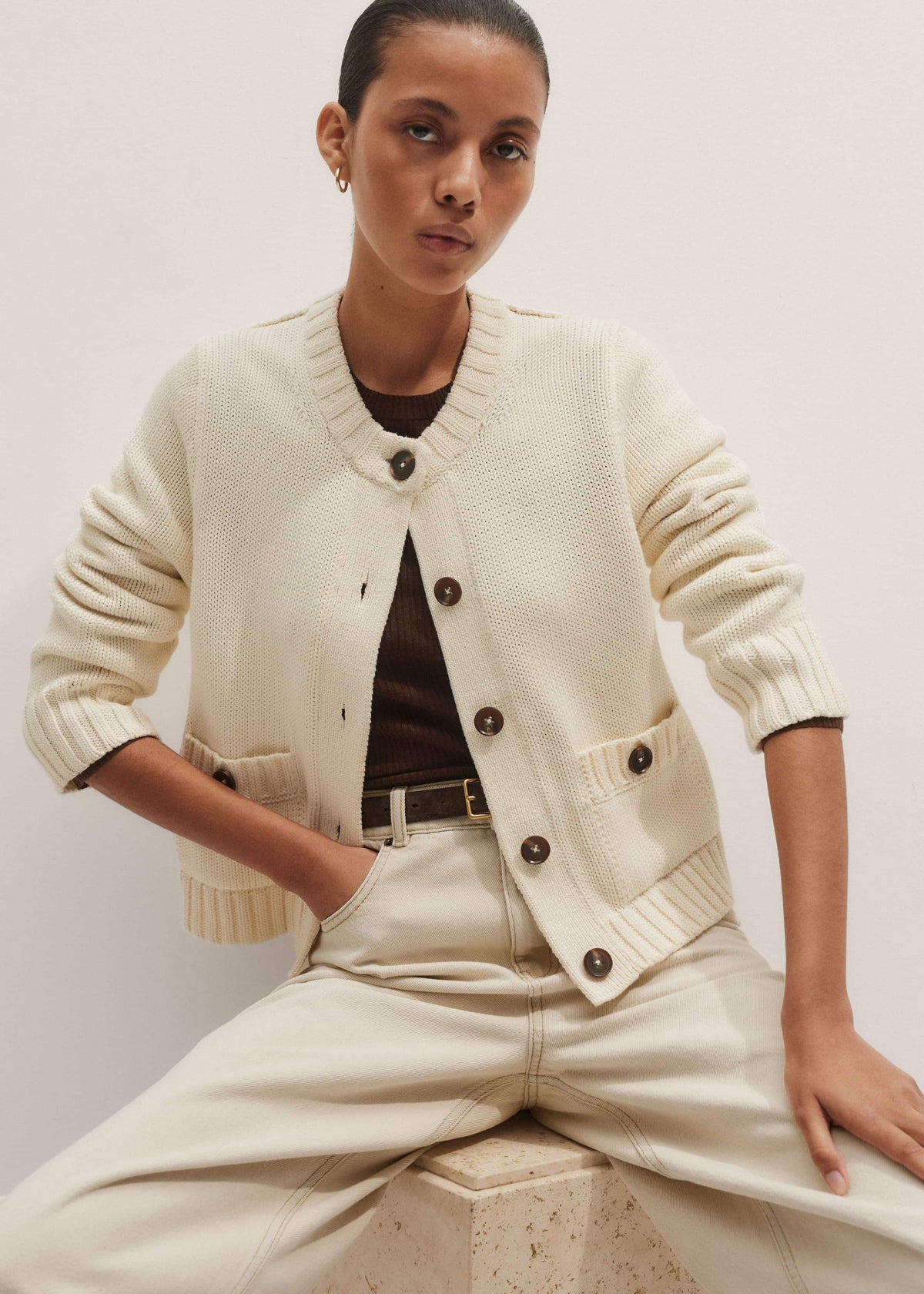 ME+EM Clothing Cream Bracelet Sleeve Cropped Cardigan