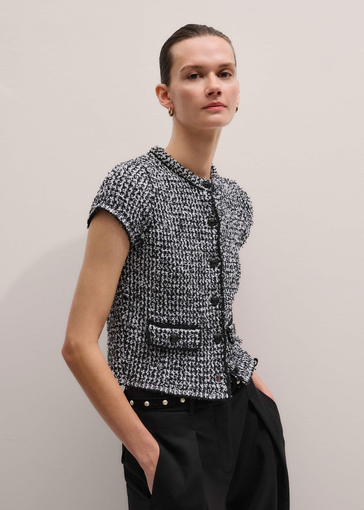 ME+EM Clothing Black Tweed Knit Pouf Sleeve Crop Jacket
