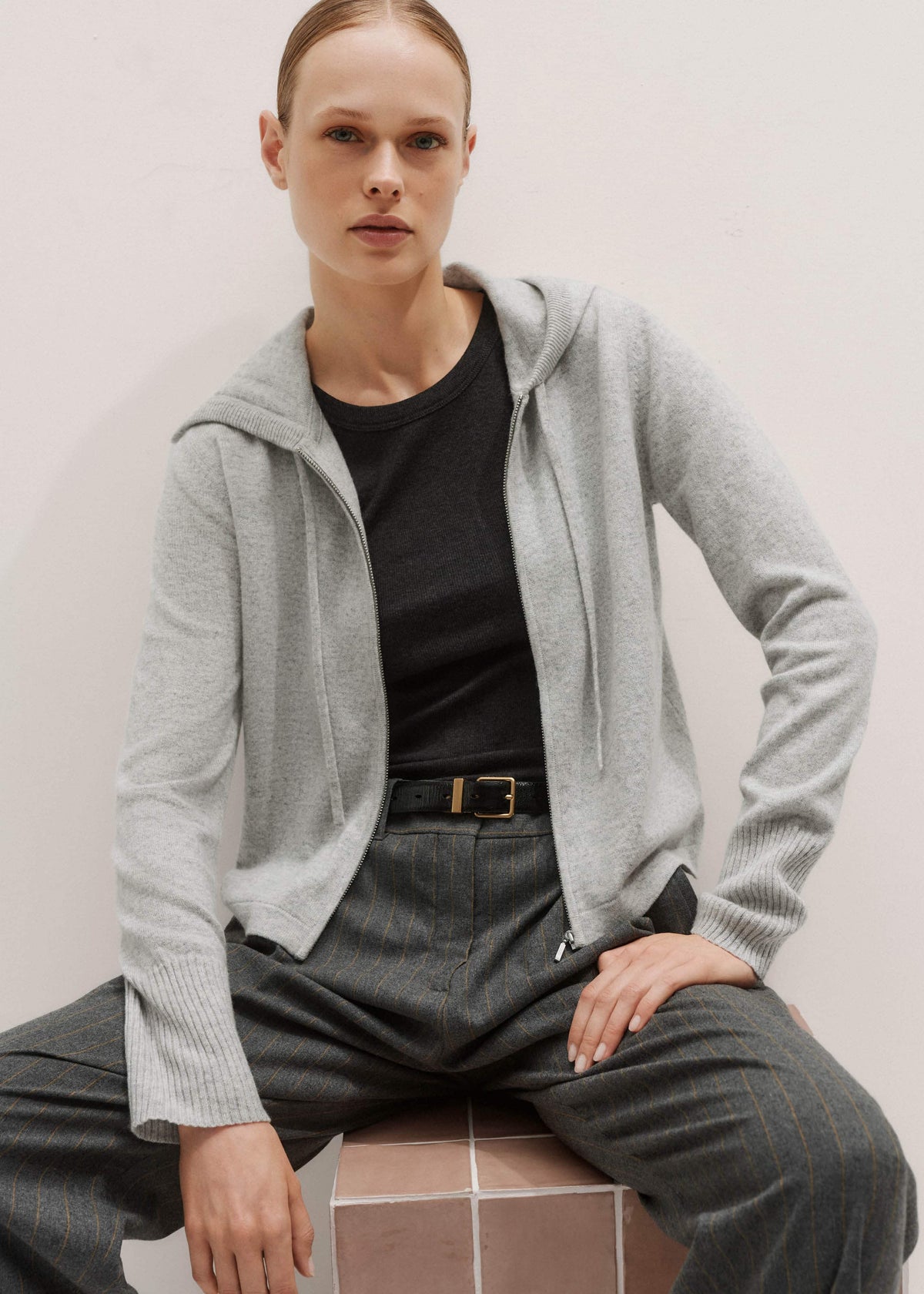 ME+EM Clothing Silver Gray Mélange Cashmere Relaxed Fit Box Zip Hoodie