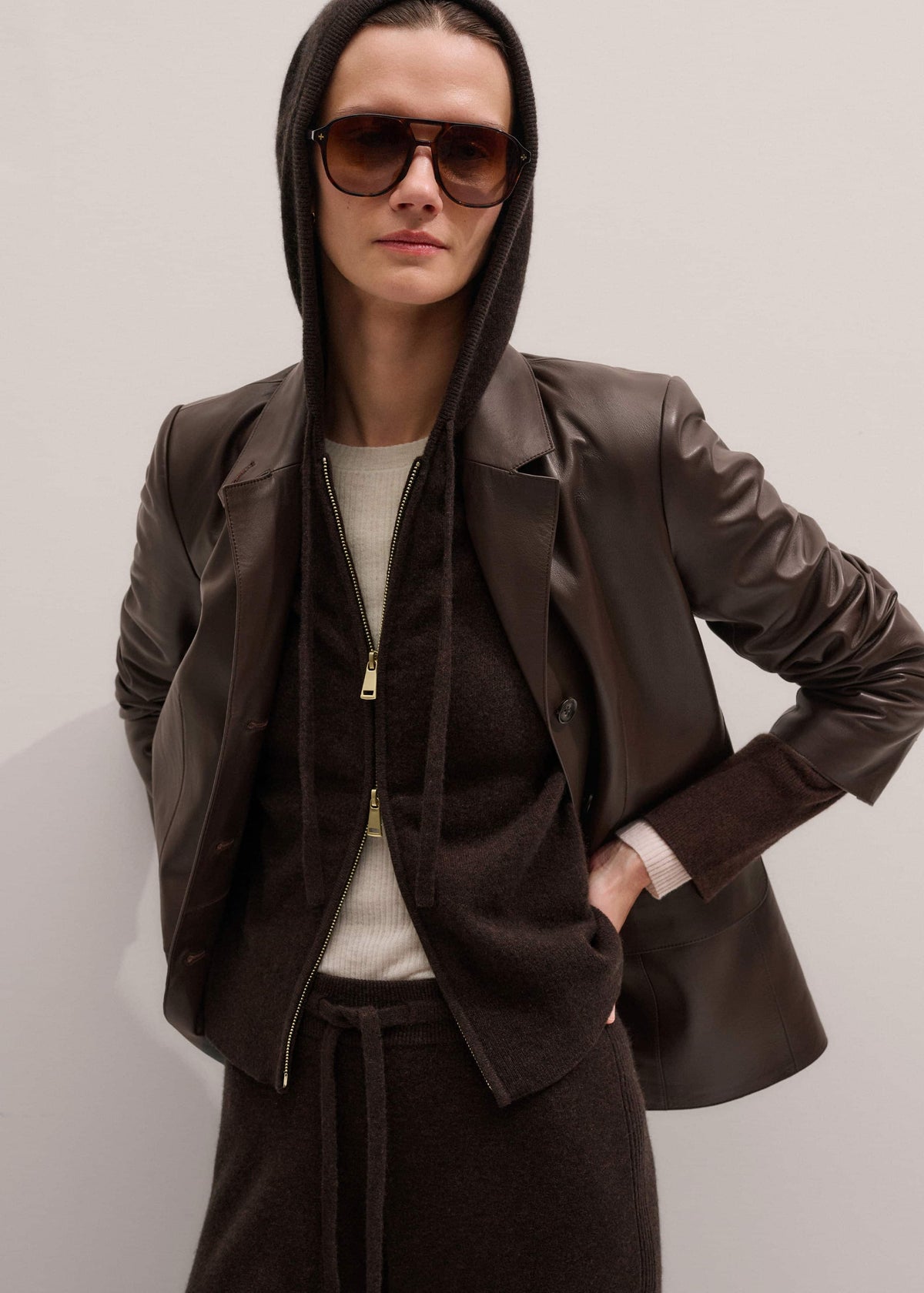 ME+EM Clothing Brown Cashmere Two Way Zip Straight Hoodie