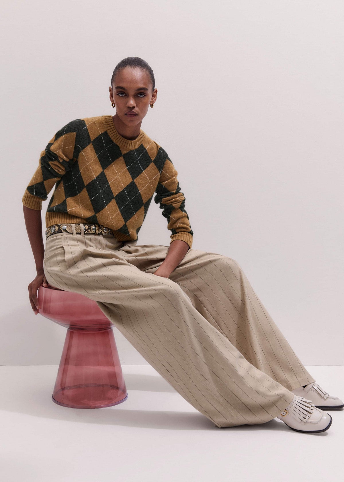 ME+EM Clothing Brown Cashmere Relaxed Argyle Sweater