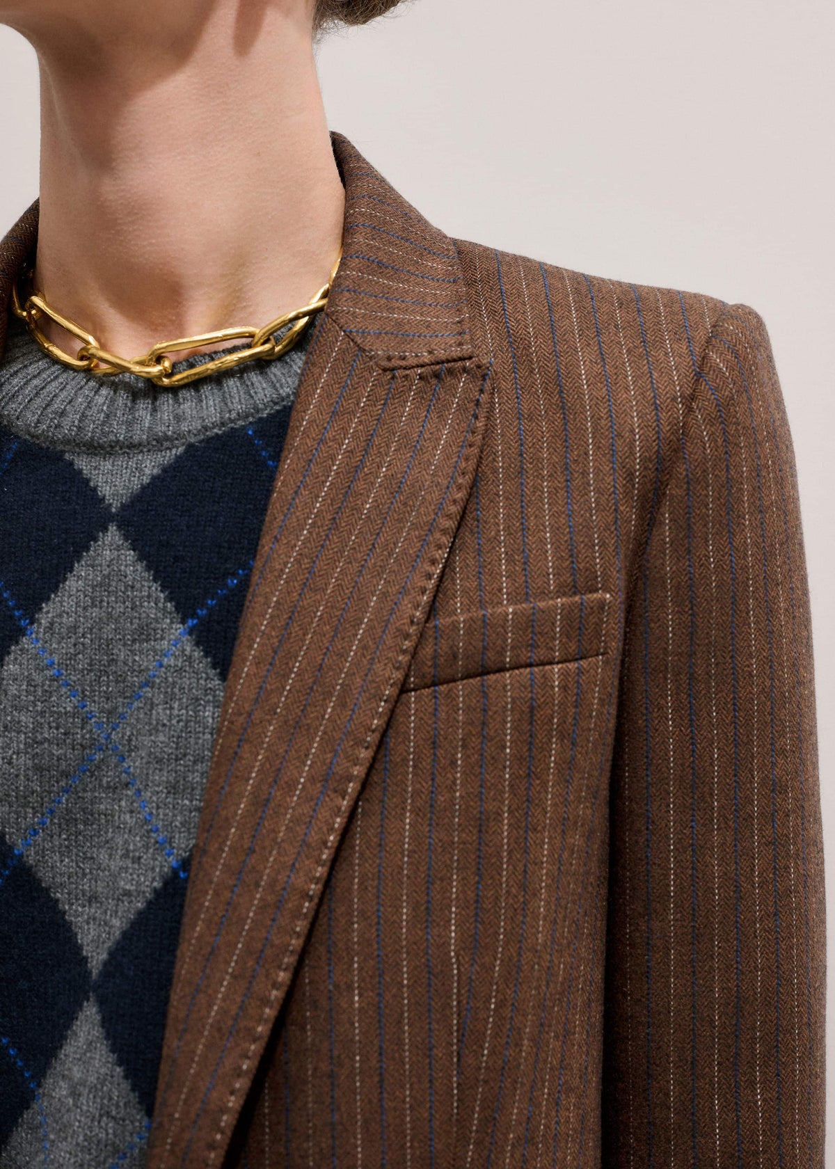 ME+EM Clothing Brown Pinstripe Sharp Shoulder Blazer