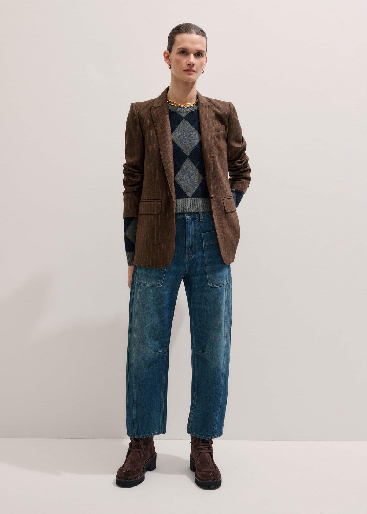 ME+EM Clothing Brown Pinstripe Sharp Shoulder Blazer