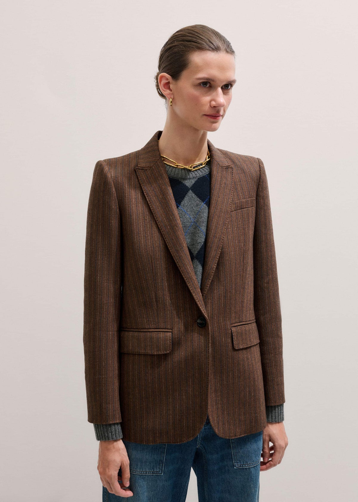 ME+EM Clothing Brown Pinstripe Sharp Shoulder Blazer