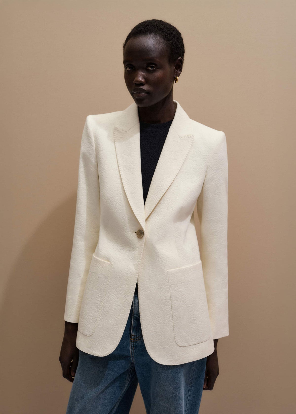 ME+EM Clothing Ivory Luxe Jacquard Sharp Shoulder Blazer