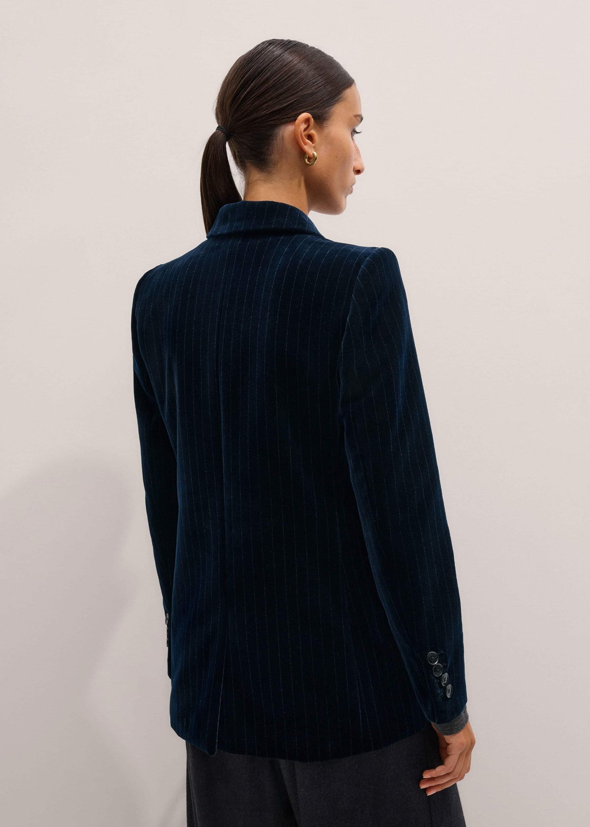 ME+EM Clothing Navy Pinstripe Velvet Sharp Shoulder Blazer