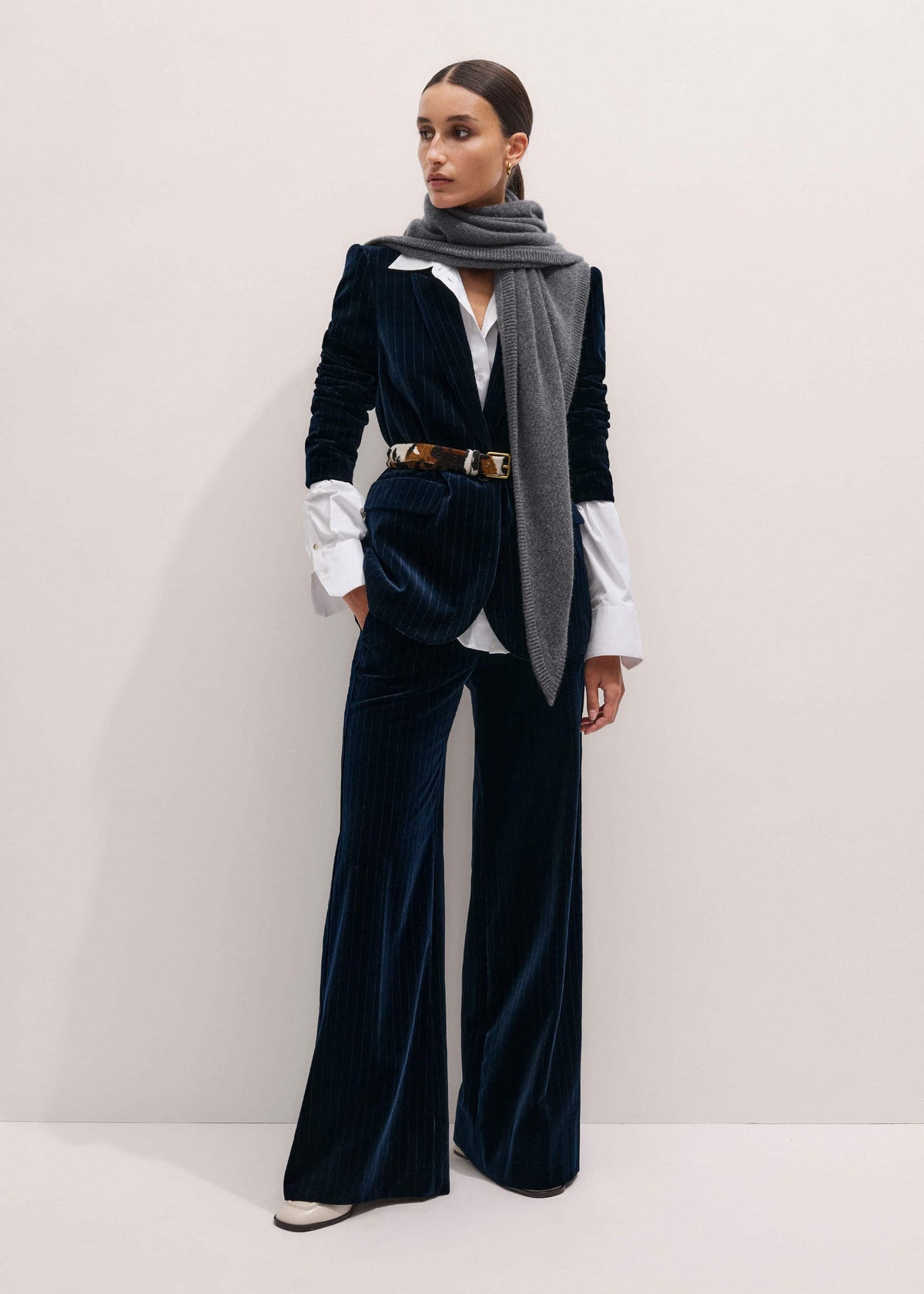 ME+EM Clothing Navy Pinstripe Velvet Sharp Shoulder Blazer