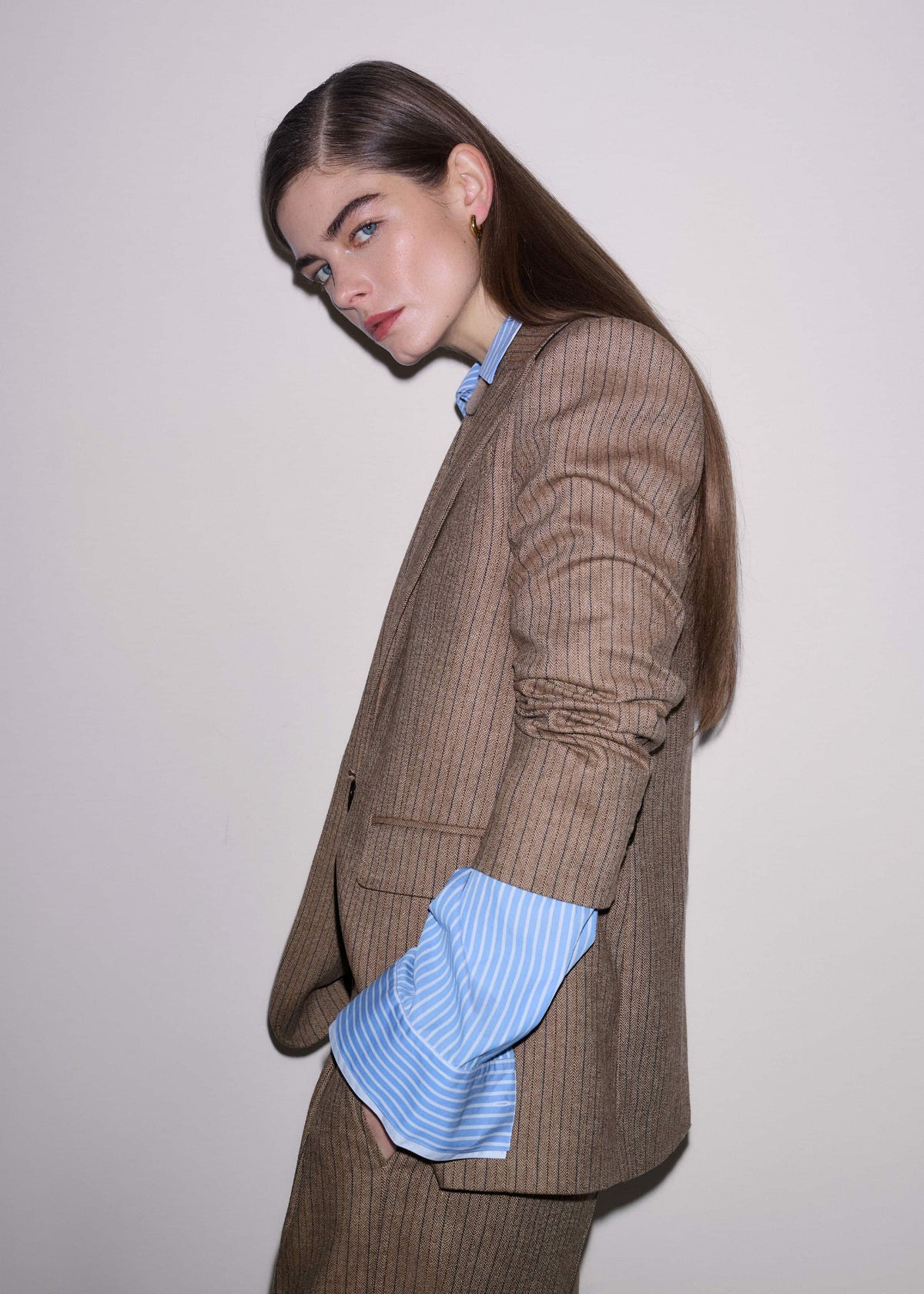 ME+EM Clothing Mocha Brown Pinstripe Sharp Shoulder Blazer