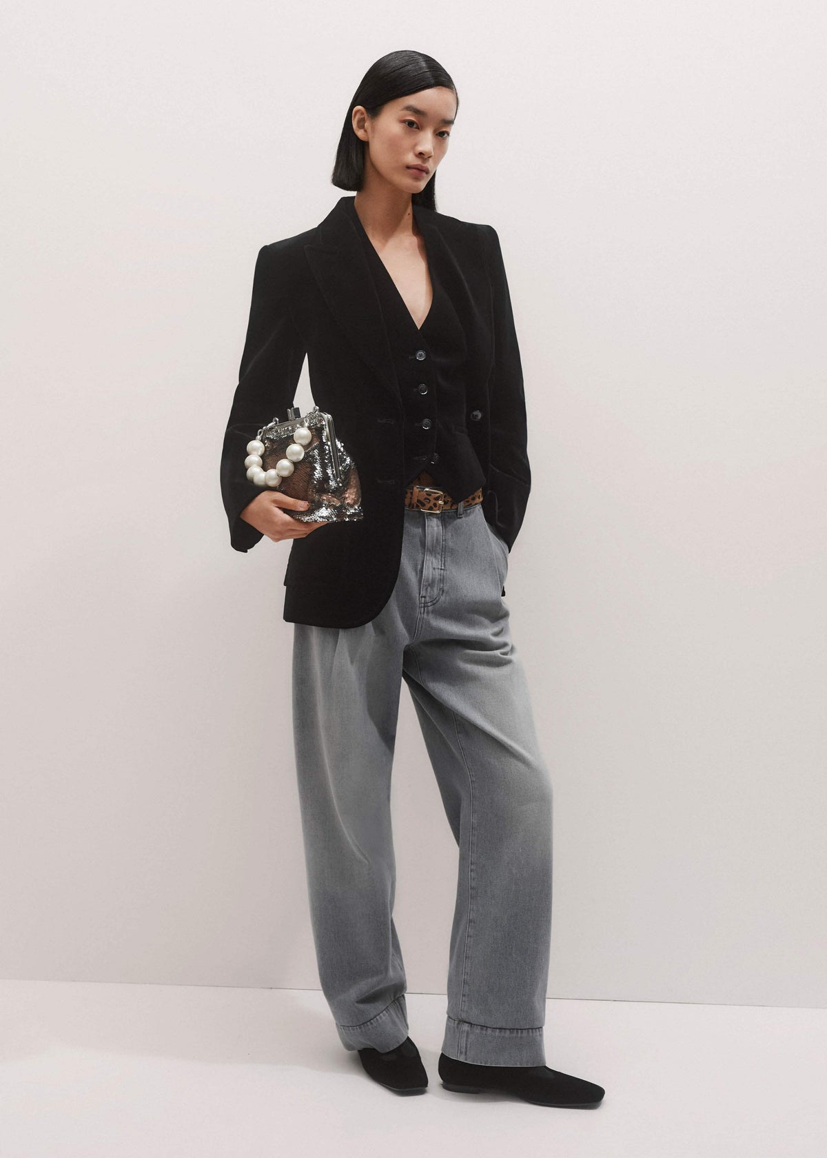 ME+EM Clothing Black Stretch Velvet Sharp Shoulder Blazer