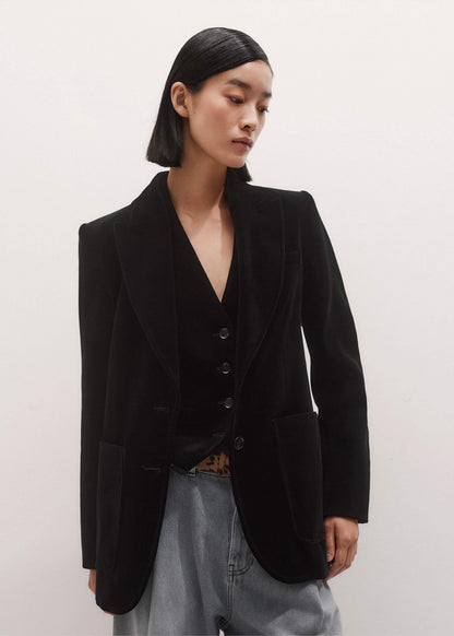 ME+EM Clothing Black Stretch Velvet Sharp Shoulder Blazer