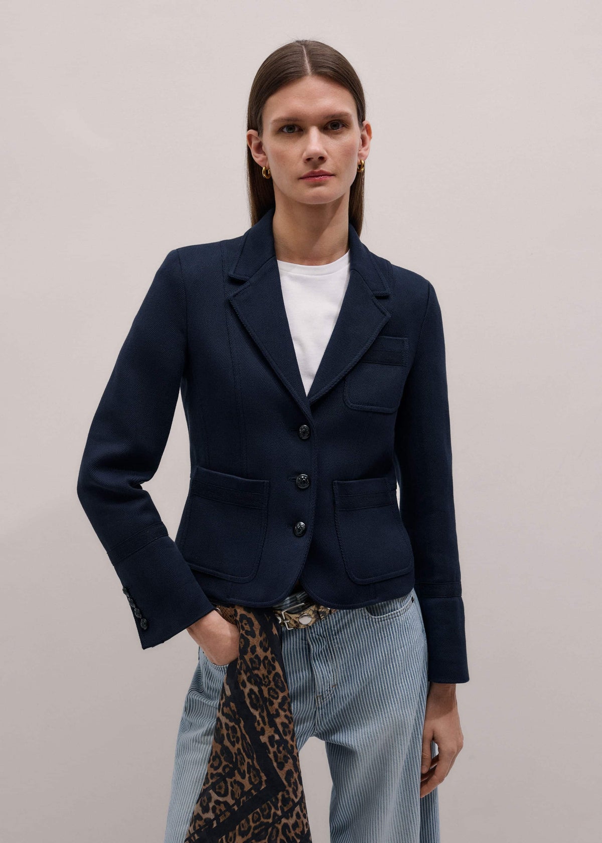 ME+EM Clothing Navy Herringbone Fitted Crop Jacket