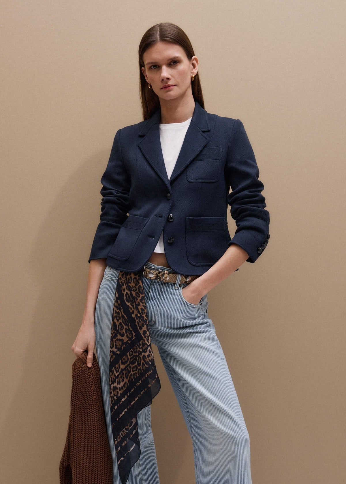 ME+EM Clothing Navy Herringbone Fitted Crop Jacket