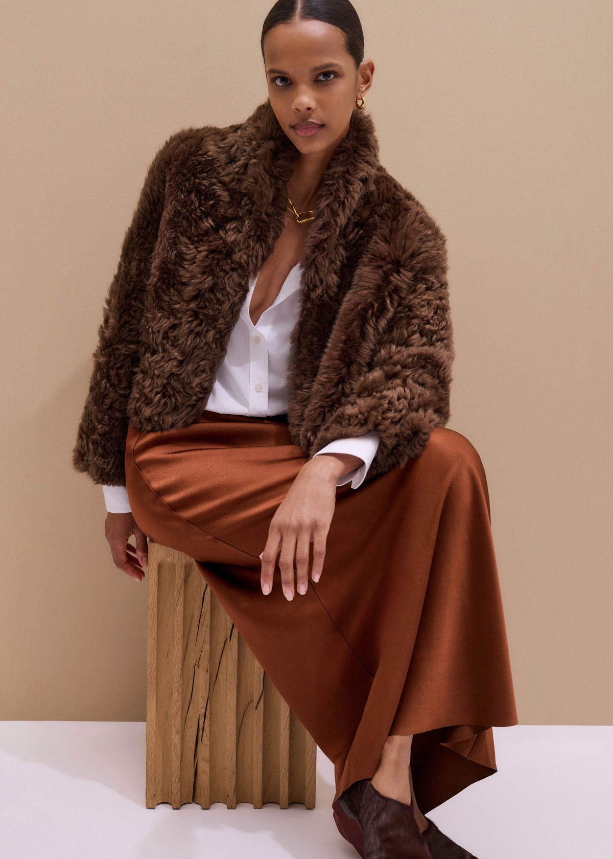ME+EM Clothing Brown Luxe Shearling Evening Crop Jacket
