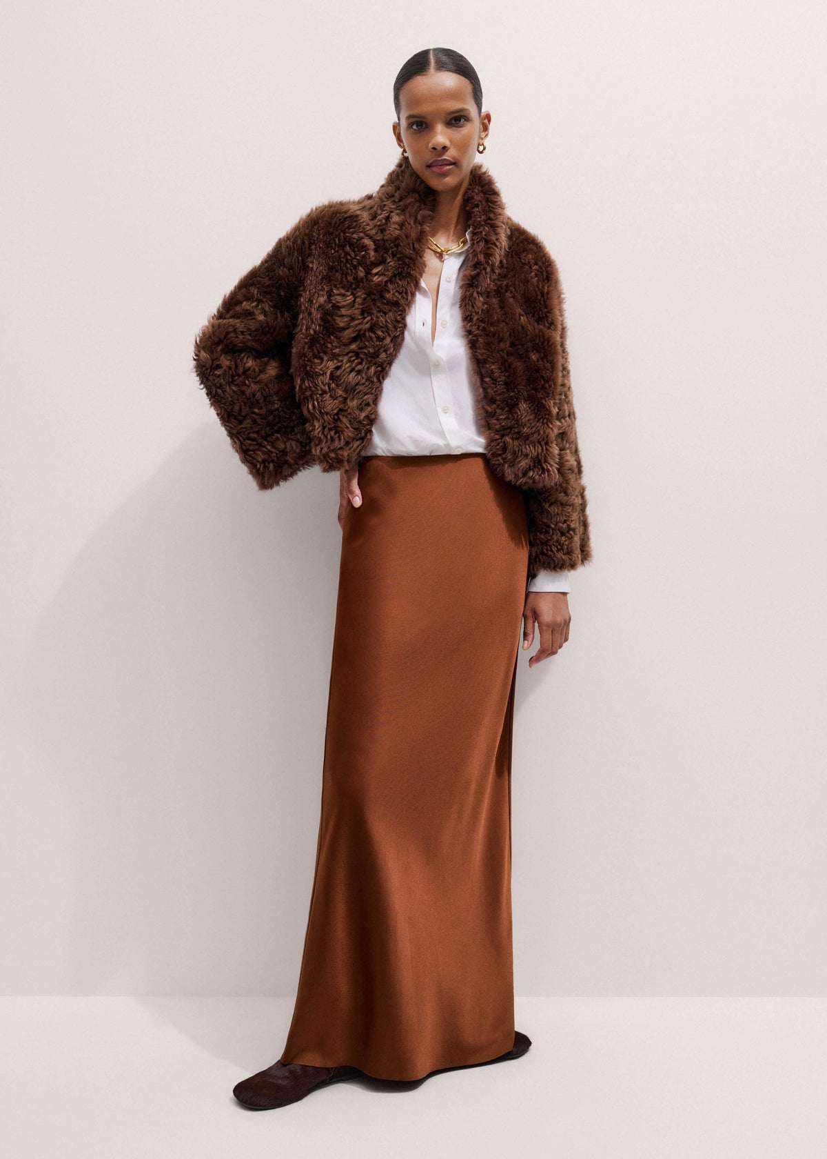 ME+EM Clothing Brown Luxe Shearling Evening Crop Jacket