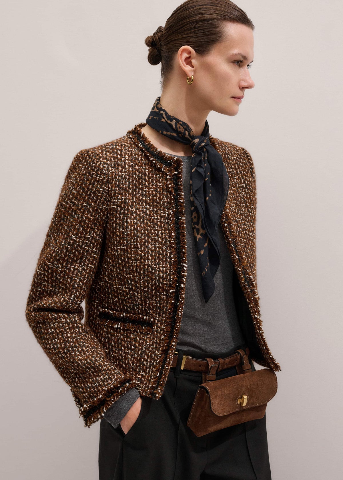 ME+EM Clothing Brown Slim Tweed Fringed Jacket