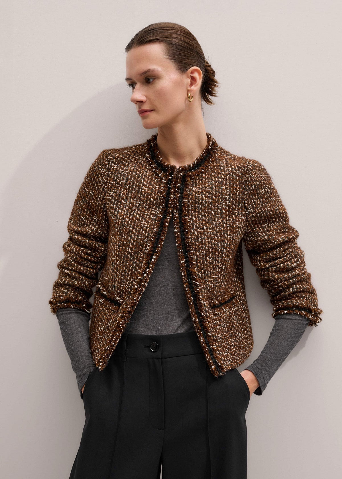 ME+EM Clothing Brown Slim Tweed Fringed Jacket