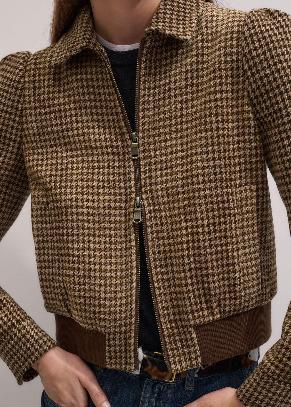 ME+EM Clothing Brown Super Soft Houndstooth Bomber Jacket