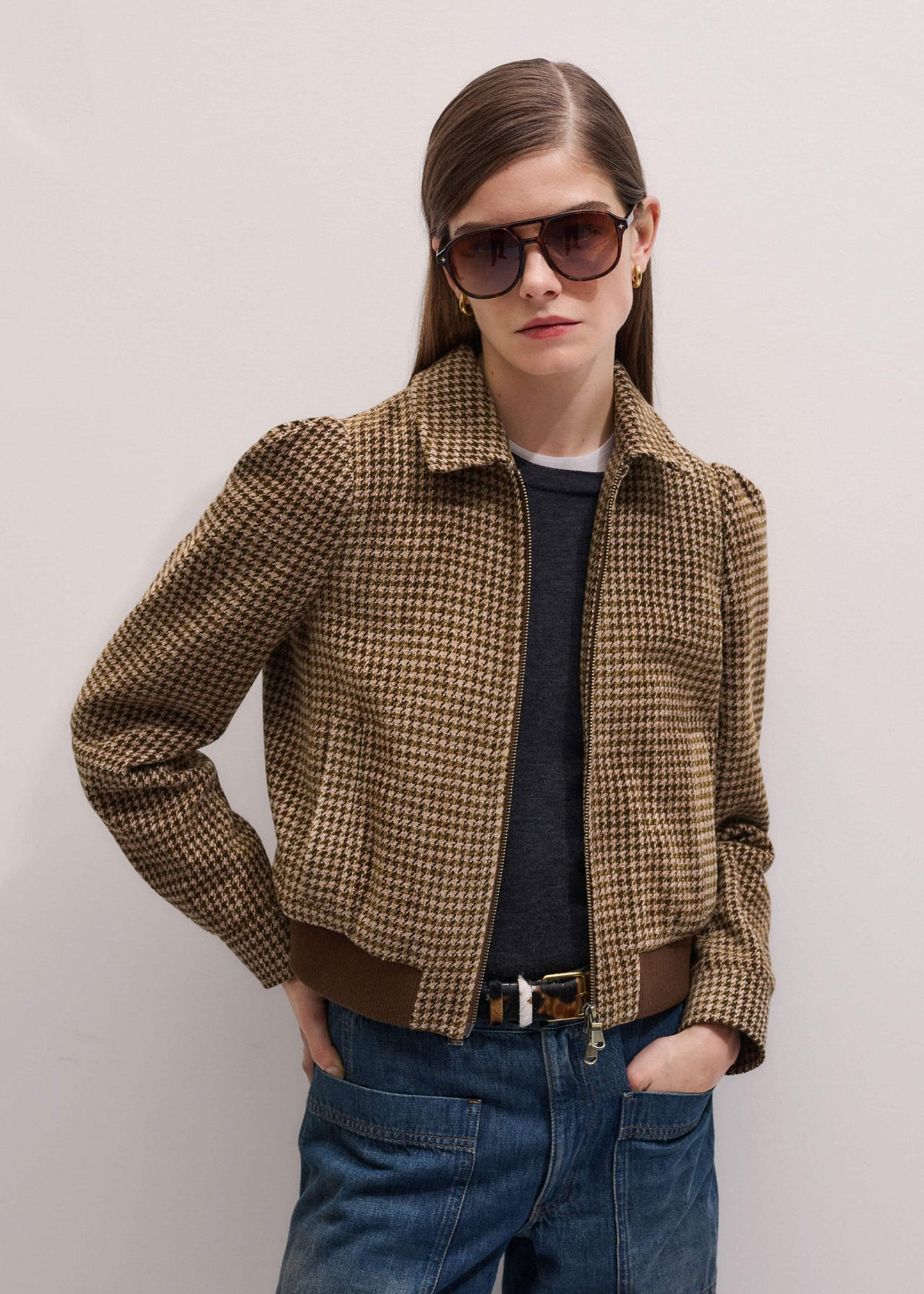 ME+EM Clothing Brown Super Soft Houndstooth Bomber Jacket