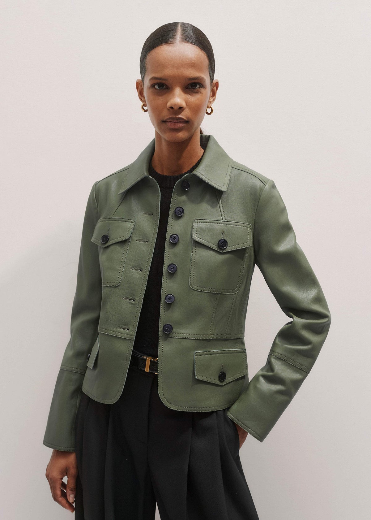 ME+EM Clothing Green Washed Leather Fitted Utility Jacket