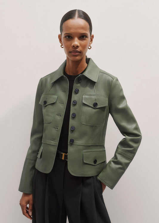 ME+EM Clothing Green Washed Leather Fitted Utility Jacket