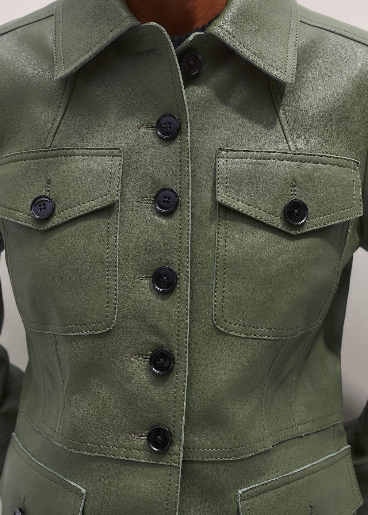 ME+EM Clothing Green Washed Leather Fitted Utility Jacket