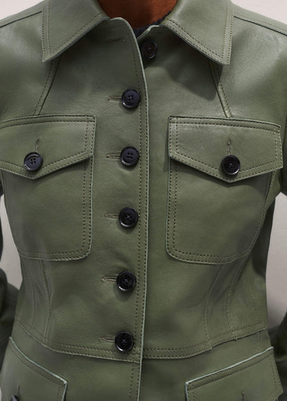 ME+EM Clothing Green Washed Leather Fitted Utility Jacket