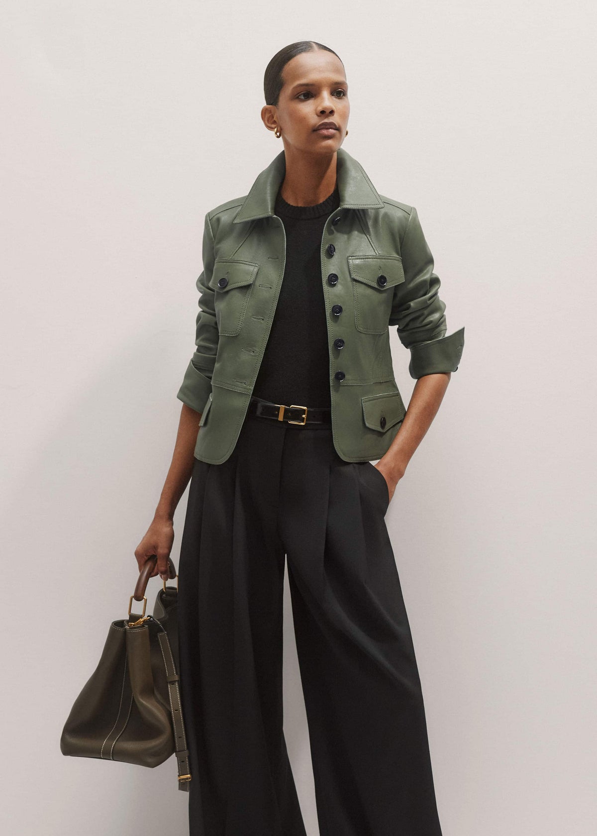 ME+EM Clothing Green Washed Leather Fitted Utility Jacket