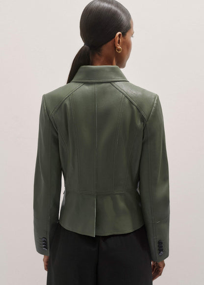ME+EM Clothing Green Washed Leather Fitted Utility Jacket