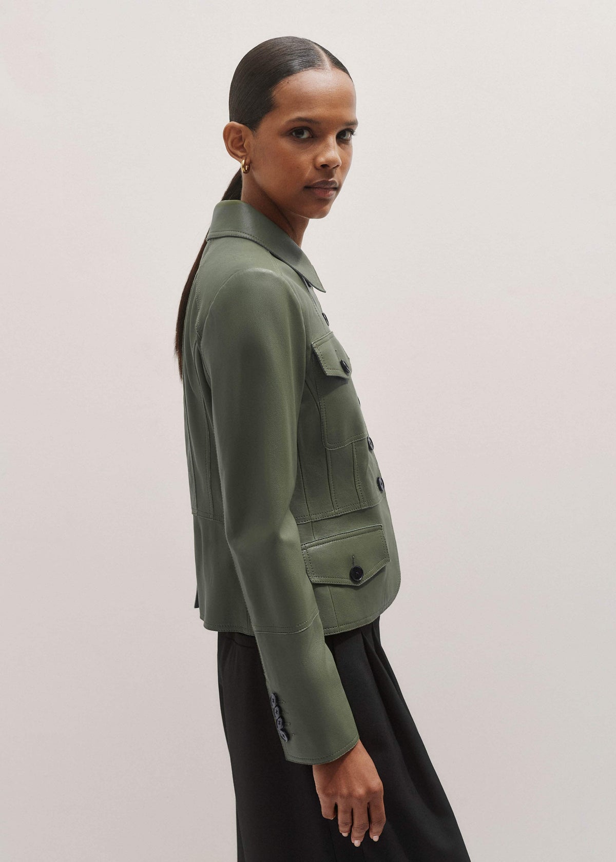 ME+EM Clothing Green Washed Leather Fitted Utility Jacket