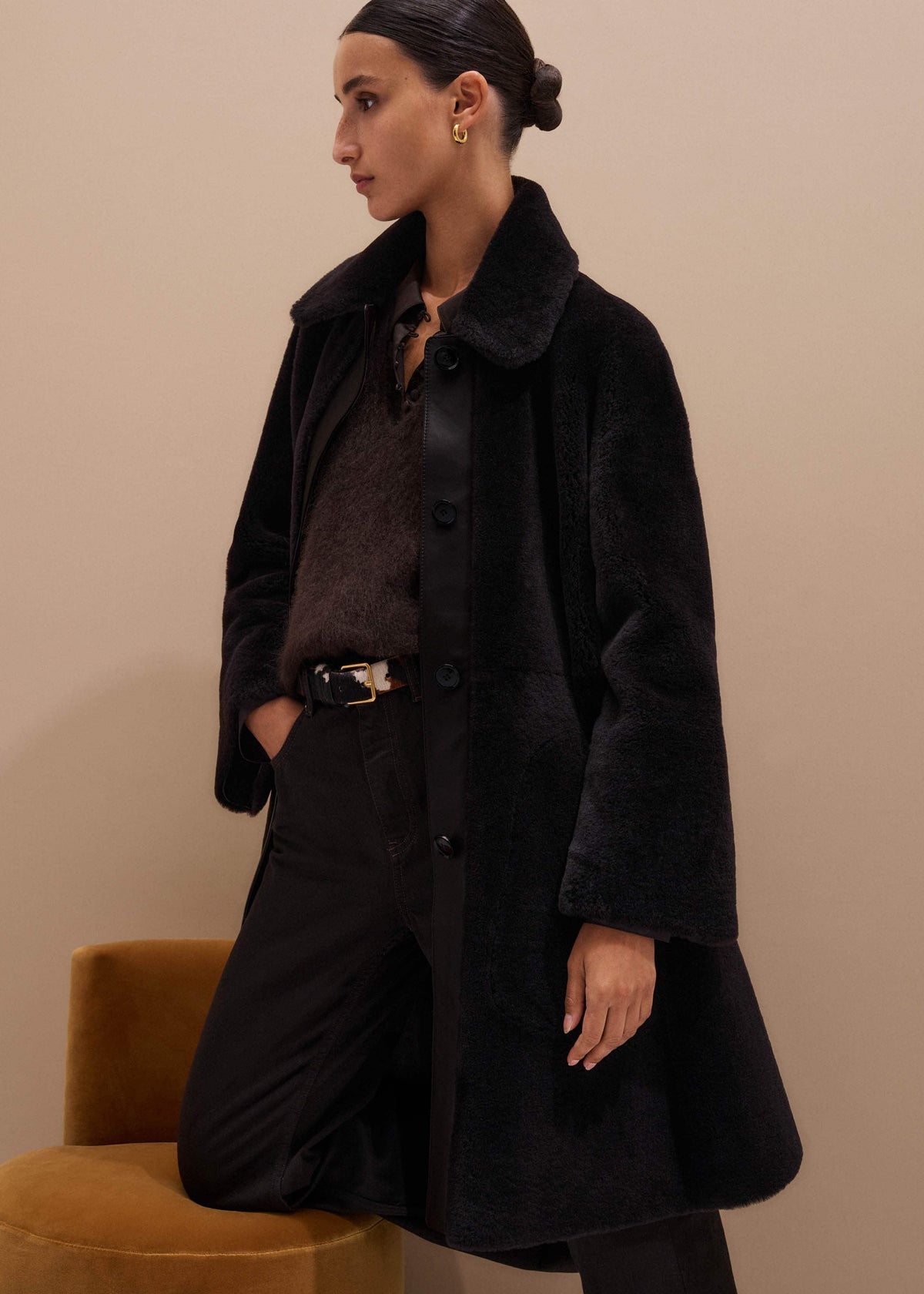 ME+EM Clothing Brown Luxe Shearling Leather Mix Swing Coat