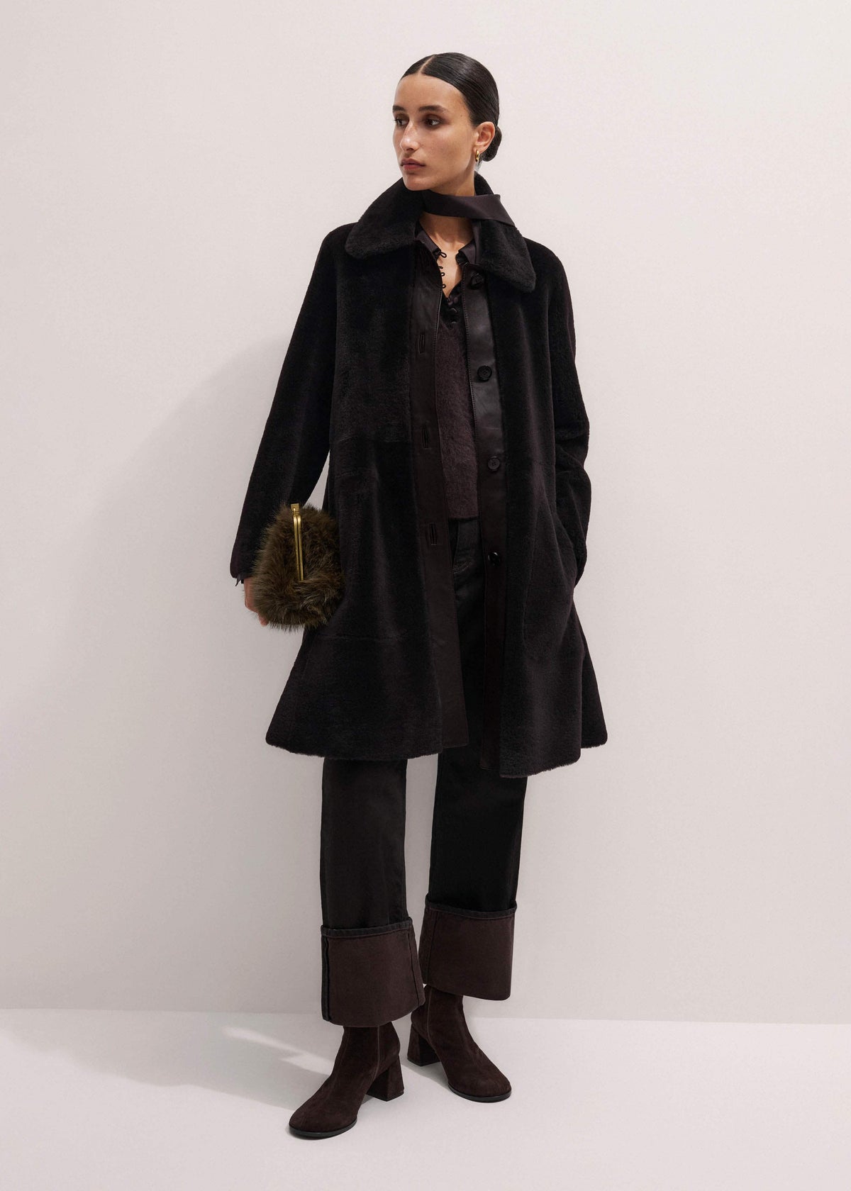 ME+EM Clothing Brown Luxe Shearling Leather Mix Swing Coat