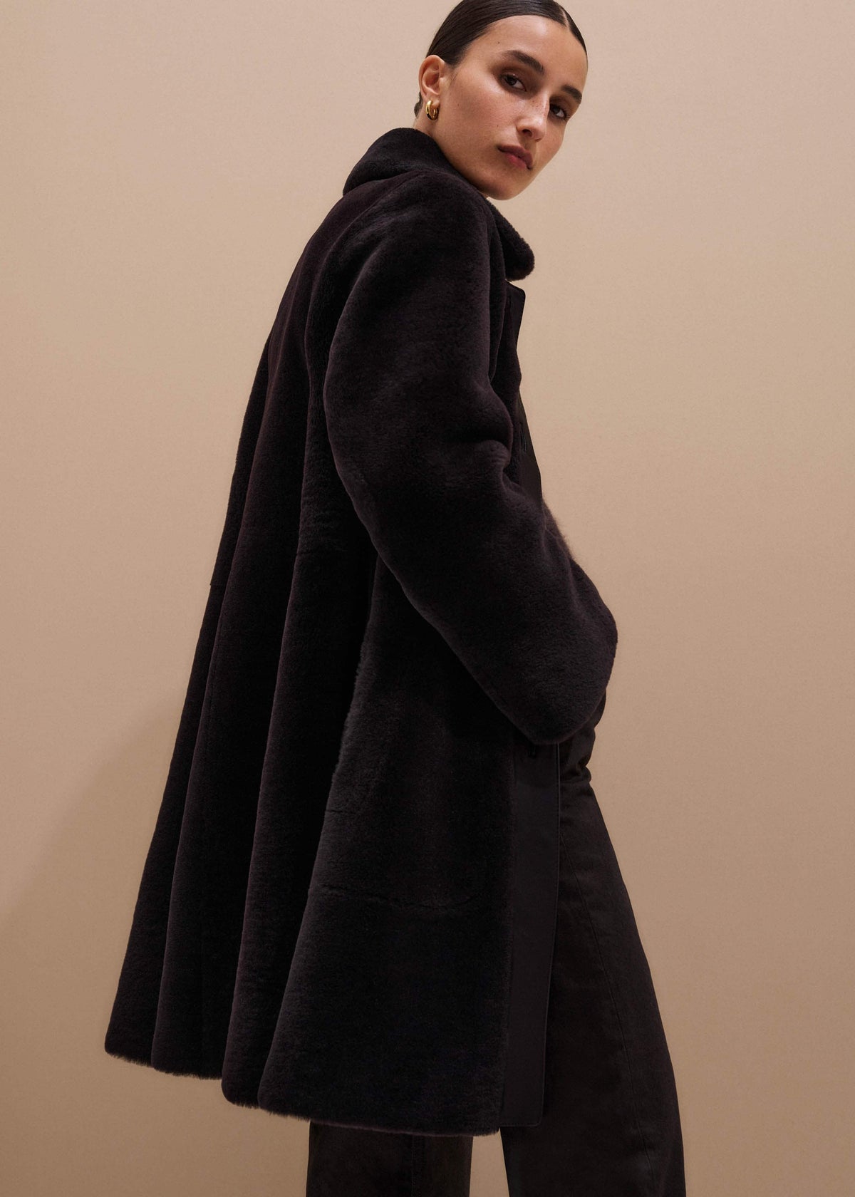 ME+EM Clothing Brown Luxe Shearling Leather Mix Swing Coat