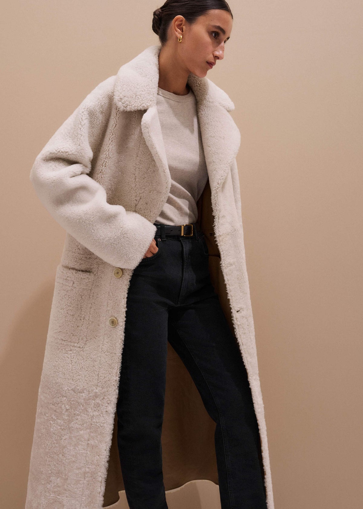 ME+EM Clothing Cream Reversible Shearling Coat + Belt