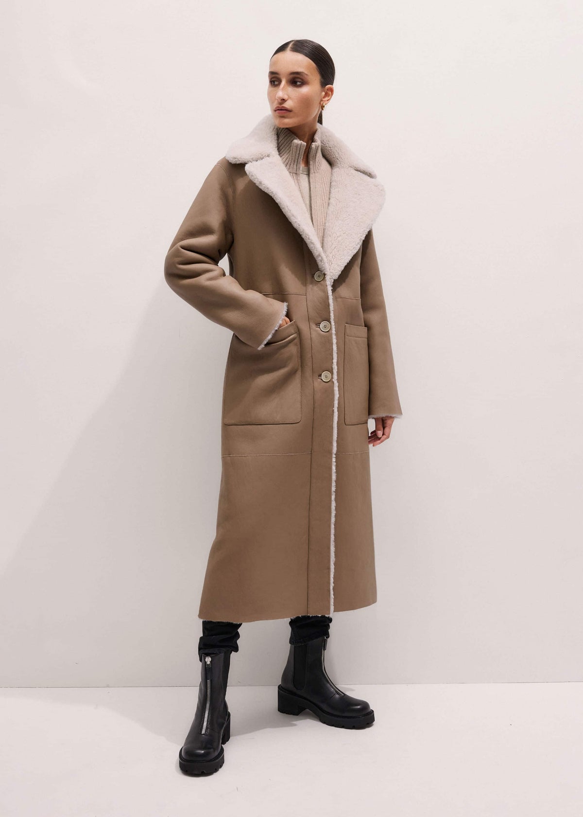 ME+EM Clothing Cream Reversible Shearling Coat + Belt