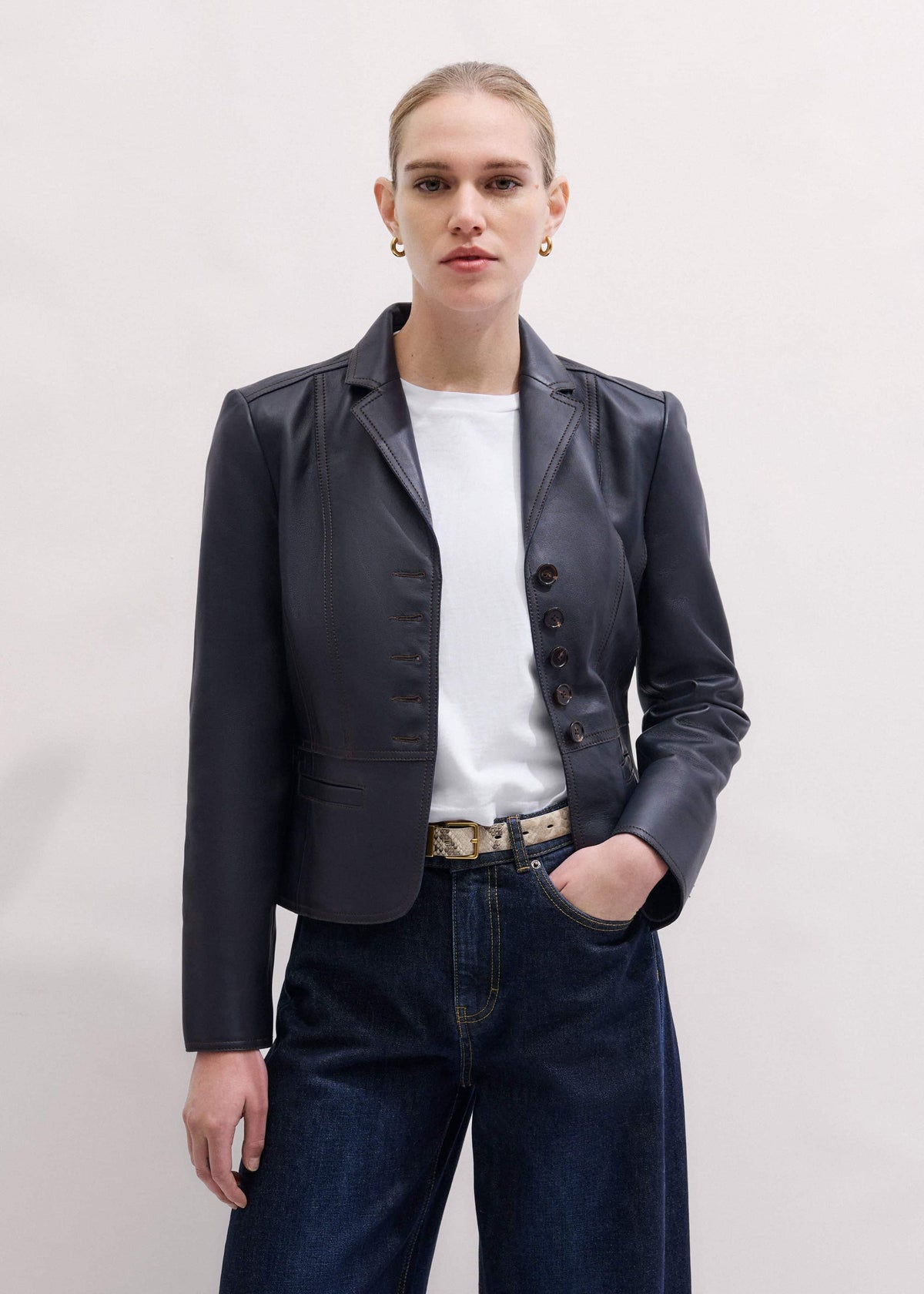 ME+EM Clothing Navy Leather Luxe Short Fitted Blazer
