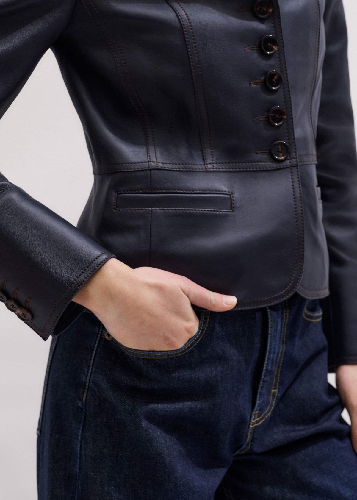 ME+EM Clothing Navy Leather Luxe Short Fitted Blazer