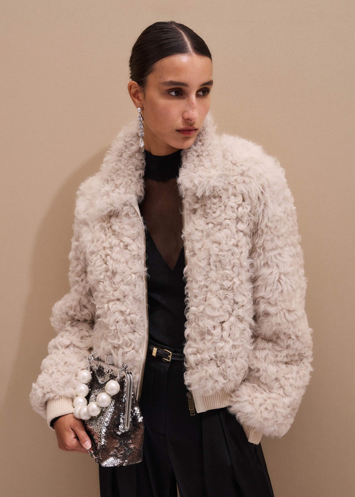 ME+EM Clothing Cream Luxe Shearling Bomber Jacket